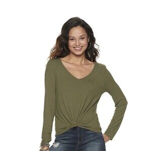 Love Fire Women's Front Tie Long Sleeve Top In Olive Night Green Size S